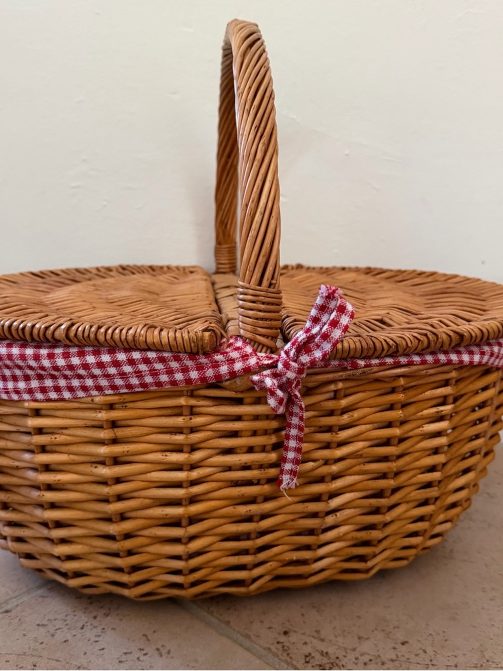 Vintage Large Picnic Basket Wicker Woven Red Gingham Fabric Lined Boho Travel